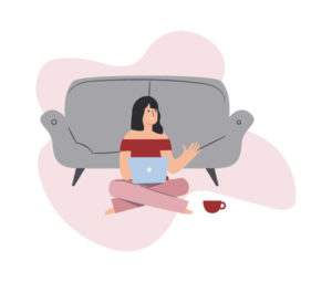 ilustracion mujer teletrabajando con el ordenador en casa
